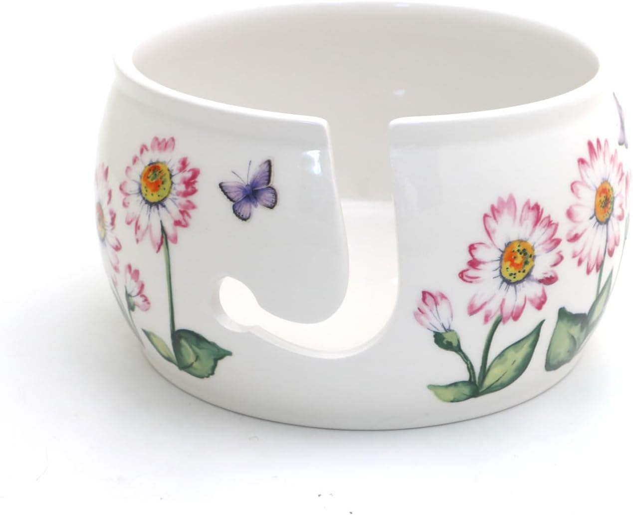 Daisy Ceramic yarn bowl, pink daisies LennyMud by Lorrie Veasey