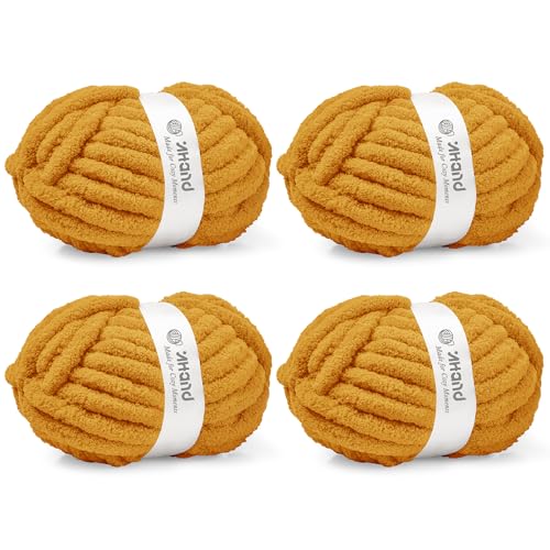 Image of Inhand Mustard YellowChunky Chenille Yarn for Hand Knitting,Thick Bulky Fall Decor Blanket Yarn for Crocheting,Soft Fluffy Yarn for Autumn Crochet Gifts for Women /Beginners,4 Pack(29.5Yds /8.4oz Each)