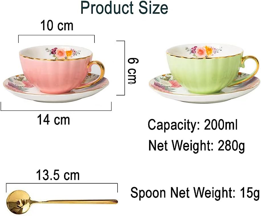 Porcelain Tea Cup with Saucers and Spoon, 2 Sets of 8 Oz Floral Coffee Mug with Gold Trim Holder, Royal Ceramic Teacup Set, Espresso Latte Mugs for Wedding Birthday Table Supplies (Pink + Apple Green)