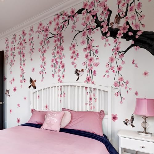 Runtoo Grands autocollants muraux motif cerisier en fleurs roses pour salon, chambre à coucher, chambre d'enfant