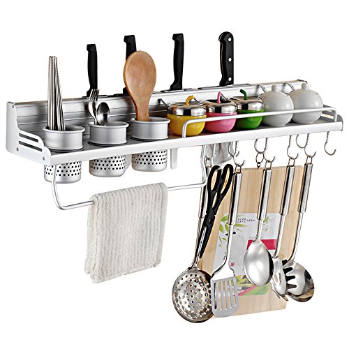 Wall Mounted Pot Pan Rack Multifunctional 6-in-1 Kitchen Bookshelf Storage Rack with Bottle