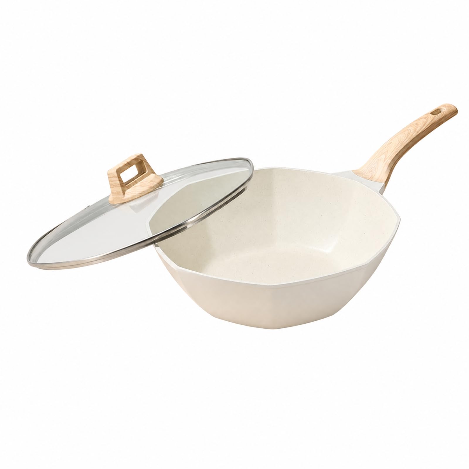 Wok Ottagonale con Rivestimento in Pietra Rivestimento in Pietra Spazioso Wok con Manico Legno Salvaspazio Pentola per Famiglie, Fritture Saltate, 32CM