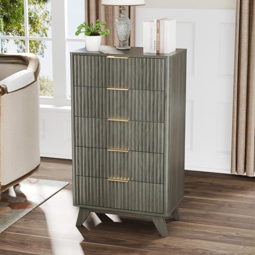 Image of VINGLI Fluted Tall Dresser 5 Drawer, 23.66 inch W Chest of Drawers Gray Wood Dresser with Rounded Edges, Grey Dressers for Bedroom, 23.66 inch W*15.6 inch D*44.88 inch H