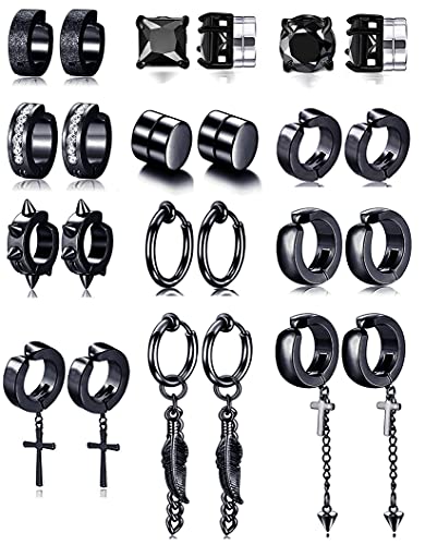 Ofeiyaa 12 Pairs Magnetic Stud Earrings Stainless Steel Cz Hoop Punk Cross Feather Dangle Hinged Non-Piercing Earrings Clip On Magnet Earring Set For Women Men Black Tone #TOP20