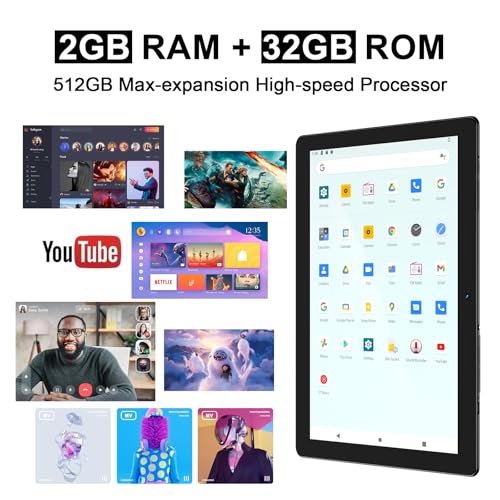 Image of 10 Inch Tablet, Android Tablet with 64GB Storage, 6000mAh Battery, HD IPS Display, Dual Camera, WiFi, Bluetooth, GMS Certified, Black