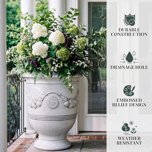 KOL Large Plastic Urn Planter - 16” Dia x 19” H Lightweight Classic Planter Pot with Cement Texture & Drainage Hole, Weather Resistant for Outdoor Plants, Patio, Garden Decor (White) by KOL - Used condition - Image 3