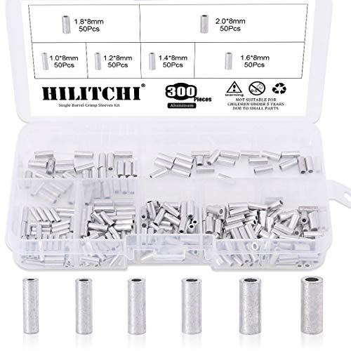 Hilitchi 300 Pcs 6 Sizes Single Barrel Crimp Sleeves for Fishing Line Aluminum Crimp Sleeves Connector Kit for Fishing Line for 1.0, 1.2, 1.4, 1.6, 1.8, 2mm Fishing Wire Dia.