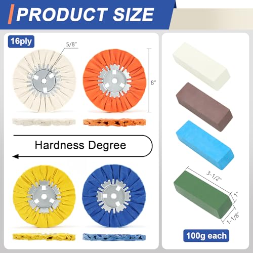 Image of 16ply Aluminum Buffing Wheels Kit 8pcs, 8in Airway Forged Wheels Buffing Polishing for 5 /8 inch Arbor Angle Grinder, with Polishing Compound 4pcs, for Metal Rim Rig Aluminum Brass Rust Removal