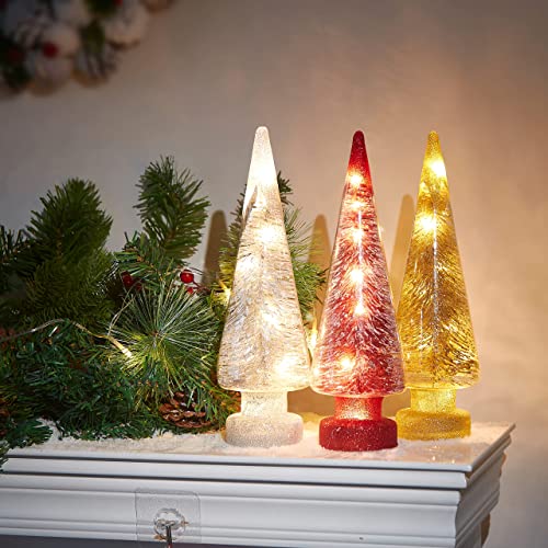 HappySpot LED Glas konisch Weihnachten Innen Dekorationen Glow in The Dark Weihnachtsbaum für Freund 3er Set Silber Golden und Rot 27,9 cm Cover