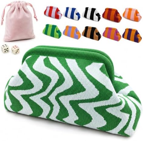 Mahjong Tile Bag with Dice Pouch, Crochet Woven Clutch, Green Wavy Stripes