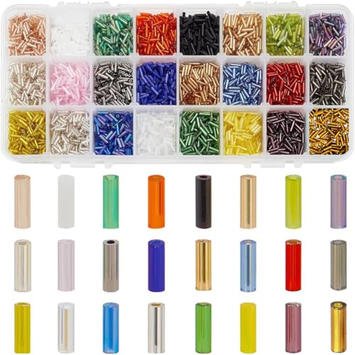 PH PandaHall 8400pcs 24 Couleurs Perles de Rocaille en Verre Perles de Broderie en Tube pour la Fabrication de Bijoux et d'artisanat, 6x1.8mm