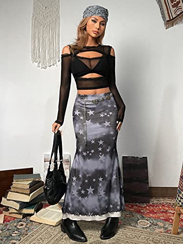 Mulheres Tops Cortar fora Ombro Frio Acabamento de babados Malha transparente Sem sutiã (Color : Bla