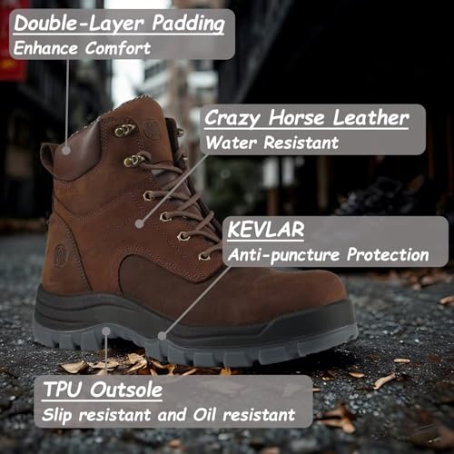 Men’s 6" Soft Toe & Composite Toe Work Boots, Brown & Black, Slip Resistant, Water Resistant, Anti-Puncture, Lightweight & Durable Boots for Construction4