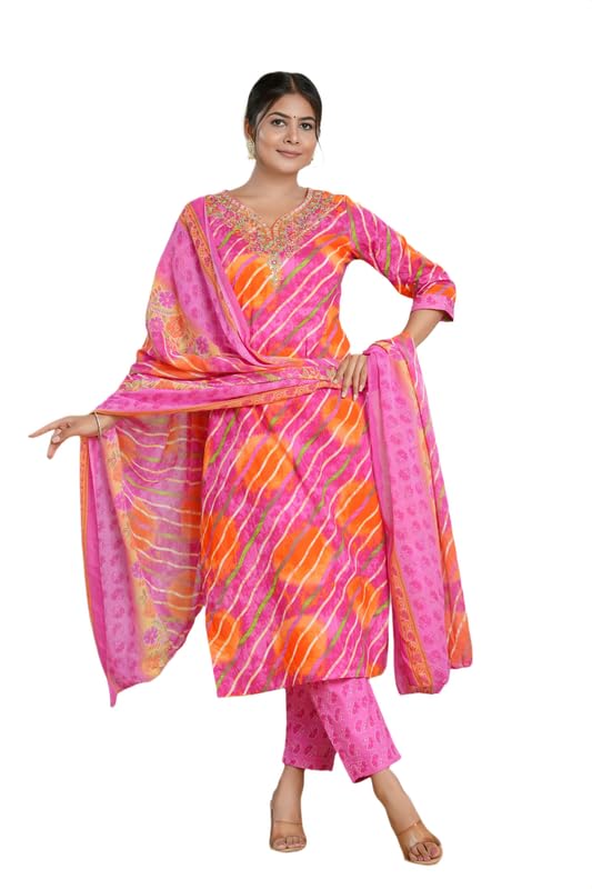 Women Trendy Floral Lehriya Printed Cotton A-Line Kurta With Pant and Dupatta-picture-24