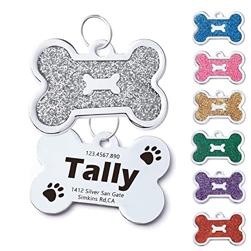 Customized Dog tags personalized for pets and Cat Tag,Stainless Steel Pet ID Tag Dog Name Tags Front and Back Engraving (Bone,Silver)