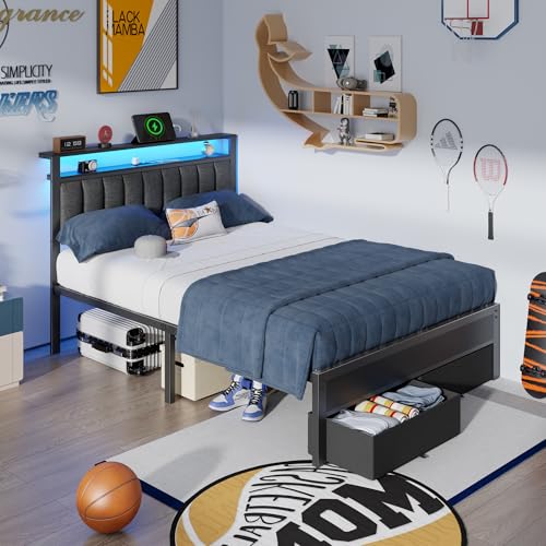 Image of Furnulem Full Size Bed Frame with Charging Station and LED Lights, Grey Upholstered Headboard with Shelves, Metal Platform Bed with 2 Under-Bed Storage (Fabric Drawer on Wheels), No Box Spring Needed