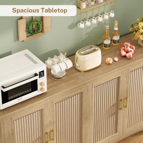 Image of TEENFON 63 inch Buffet Cabinet with Storage, Fluted Sideboard Cabinet with 4 Adjustable Shelves, Modern Coffee Bar with 4 Doors, Coffee Bar Cabinet for Kitchen, Living Room, Natural