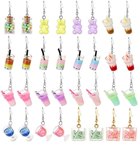 16 Pairs Cute Weird Dangle Earrings for Teen Girls Gummy Bear Earrings Creative Unique Pearl Milk Tea Colorful Rainbow Ice Cream Water Bottle Hook Pendant Shape Funny Earrings (16 Pairs-B)
