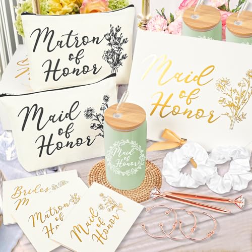 42Pack Bridesmaid Proposal Gifts,Maid of Honor Gifts Matron of Honor Gifts Including Bridesmaid Boxes,16oz Cups Makeup Bag Bracelets Diamond Pen Invitation Cards Scrunchies for Wedding (White)3