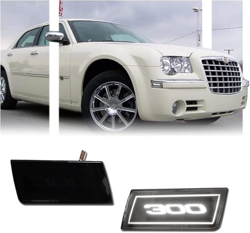 Luz lateral LED branca GSOWO para Chrysler 300 e 300C 2005–2014 com lente fumê e emblema 300 – Par