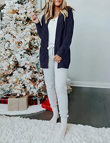 Merokeety Women's Long Sleeve Cable Knit Cardigan Sweaters Open Front Fall Outwear Coat Navy #TOP13