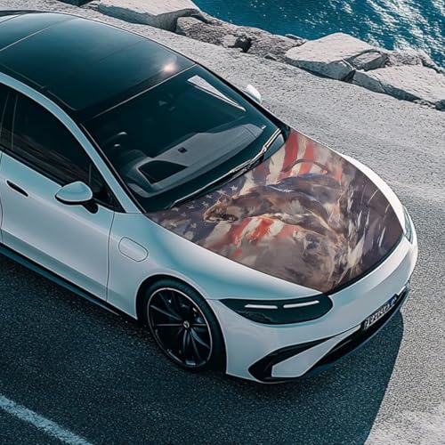 Image of American Flag Leopard Car Hood Cover Stretchable Car Hood Wrap Blankets Waterproof Sun-Proof Auto Exterior Accessories for Most SUV Sedans Trucks (59x39 inches