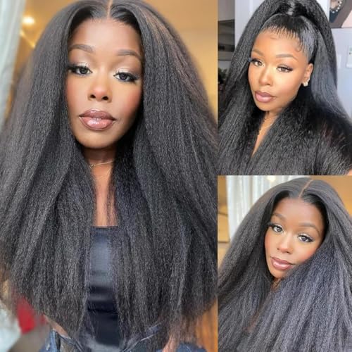 Emistar 13x6 Kinky Straight Lace Front Wigs Soft As Human Hair Pre Plucked With Baby Hair 180% Density Yaki Straight Transparent HD Lace Synthetic Wig Glueless Wigs for Black Women (13x6 22 Inch)