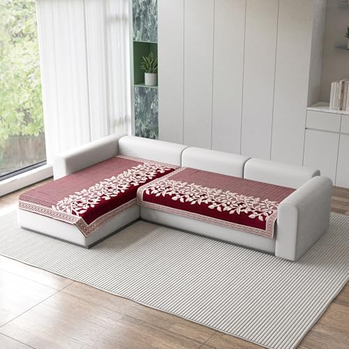 Image of Nendle Superior Velvet Floral Sofa Mat 4 Seater Set Cover Durable Protector for Living Room Sofa Set 2+2, Suitable for L Shape, Sectional and U Shape Sofa (Maroon, Pack of 2)