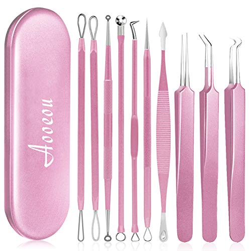 10PCS Blackhead Remover Tool, Aooeou Professional Pimple Popper Tool Kit - Treatment for Blemish, Whitehead Popping, Zit Removing for Risk Free Nose Face, Anti-slip Coating Handle(Pink)