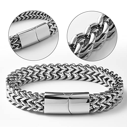 Huetfat Stainless Steel Bracelet For Men&Boys-12Mm Double Strand Wheat Chain Bracelet 8.6 In With Magnet Clasp-Festival Jewelry-Daily And Street Hip Hop Style-Family/Friendship -Gift Box Included #TOP3