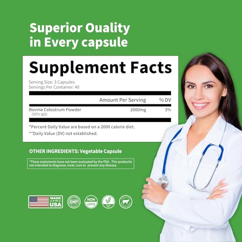 Image of Bovine Colostrum Capsules Supplement 2000mg- 120 Capsules - Gut Health, Muscle Recovery, Energy, Hair, Skin and Immune Supplement | 50% IgG Cow Colostrum for Humans | Superfood, Gluten Free.