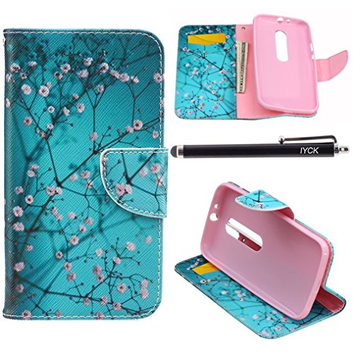 Motorola Moto G (3rd Generation) Case Wallet, iYCK Premium PU Leather Flip Folio Carrying Magnetic Closure Protective Shell Wallet Case Cover for Moto G3 with Kickstand Stand - Plum Blossom