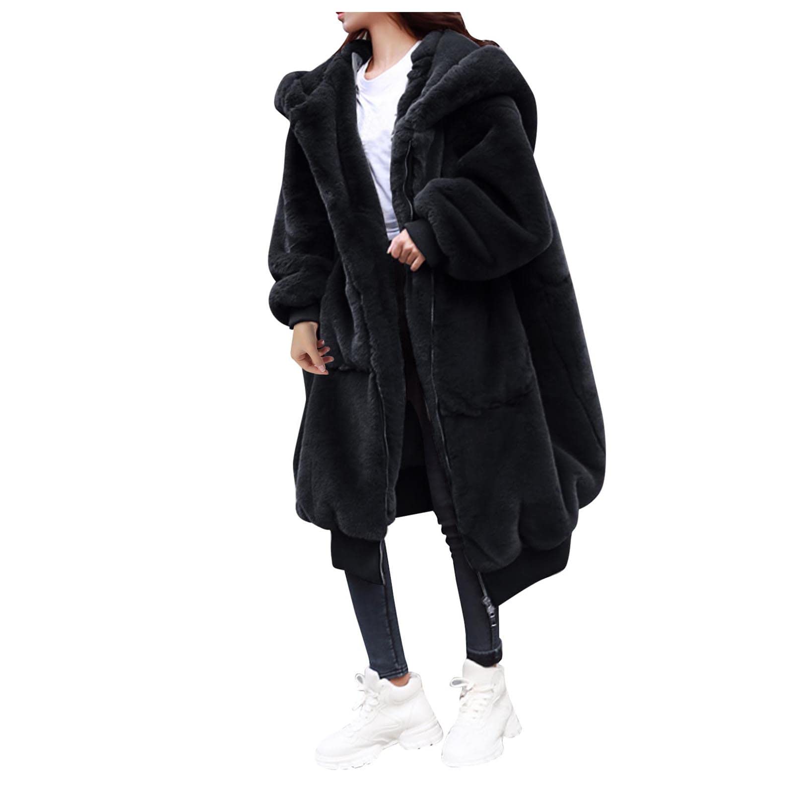 Plüschjacke Damen Lang - Teddy Kapuzenmantel Winter Warm Kapuzenjacke