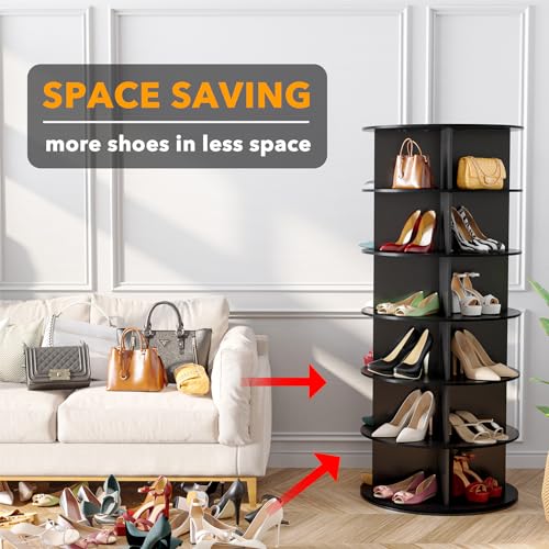 SpaceAid 6 Tier Rotating Shoe Rack Tower, Spinning Shoe Display Lazy Susan, Revolving 360 Shoe Rack Storage Round Carousel, Vertical Handbag Rotate Shoes Closet Organization (6-Tier Black)