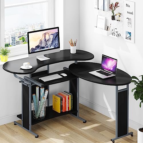 LITTLE TREE L-Shaped Computer Desk, Rotating Corner Desk & Modern Office Study Workstation, for Home Office or Living Room (Black)
