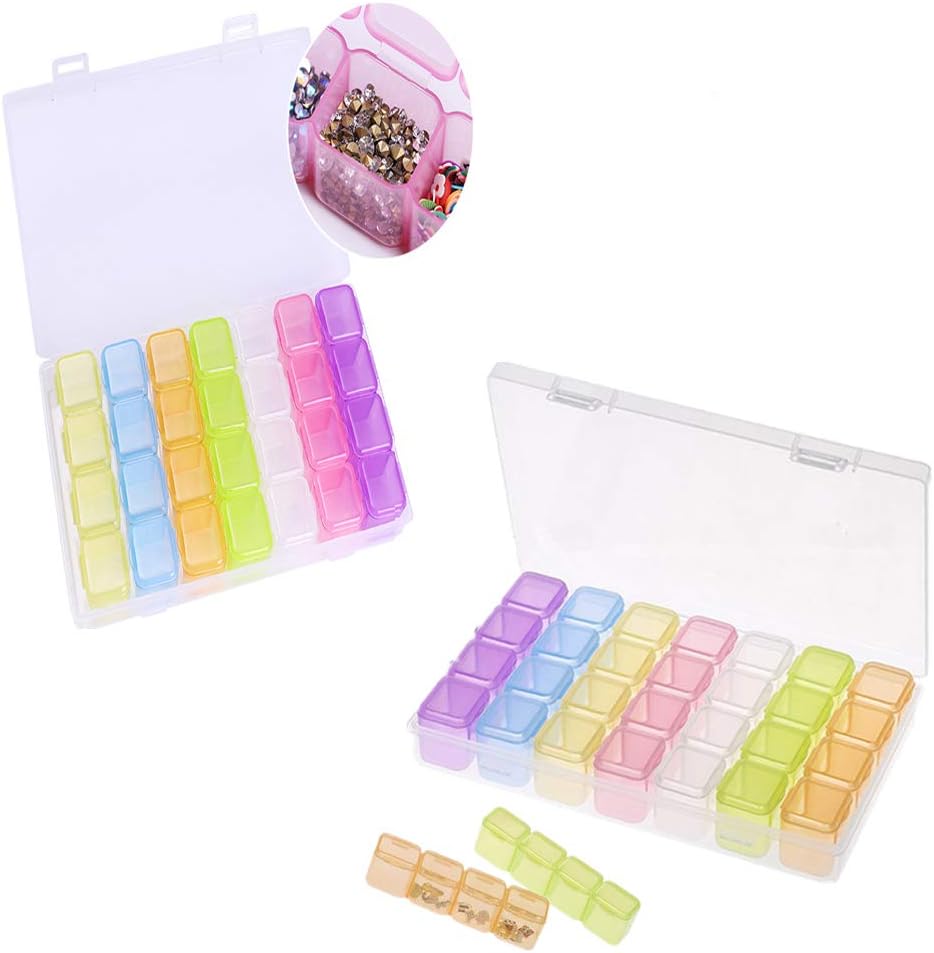 28 Grids Storage Box 2 Pack Colorful Diamond Embroidery Box Organizer Removable Clear Plastic Case with Individual Lids for 5D Diamond Painting, Jewelry, Rhinestone, Beads, Nail Art, DIY Art Craft