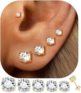 5 Pairs Hypoallergenic 14K Gold Plated CZ Stud Earrings for Women - Multiple Piercings, Secure & Sparkling Sizes 3-7mm