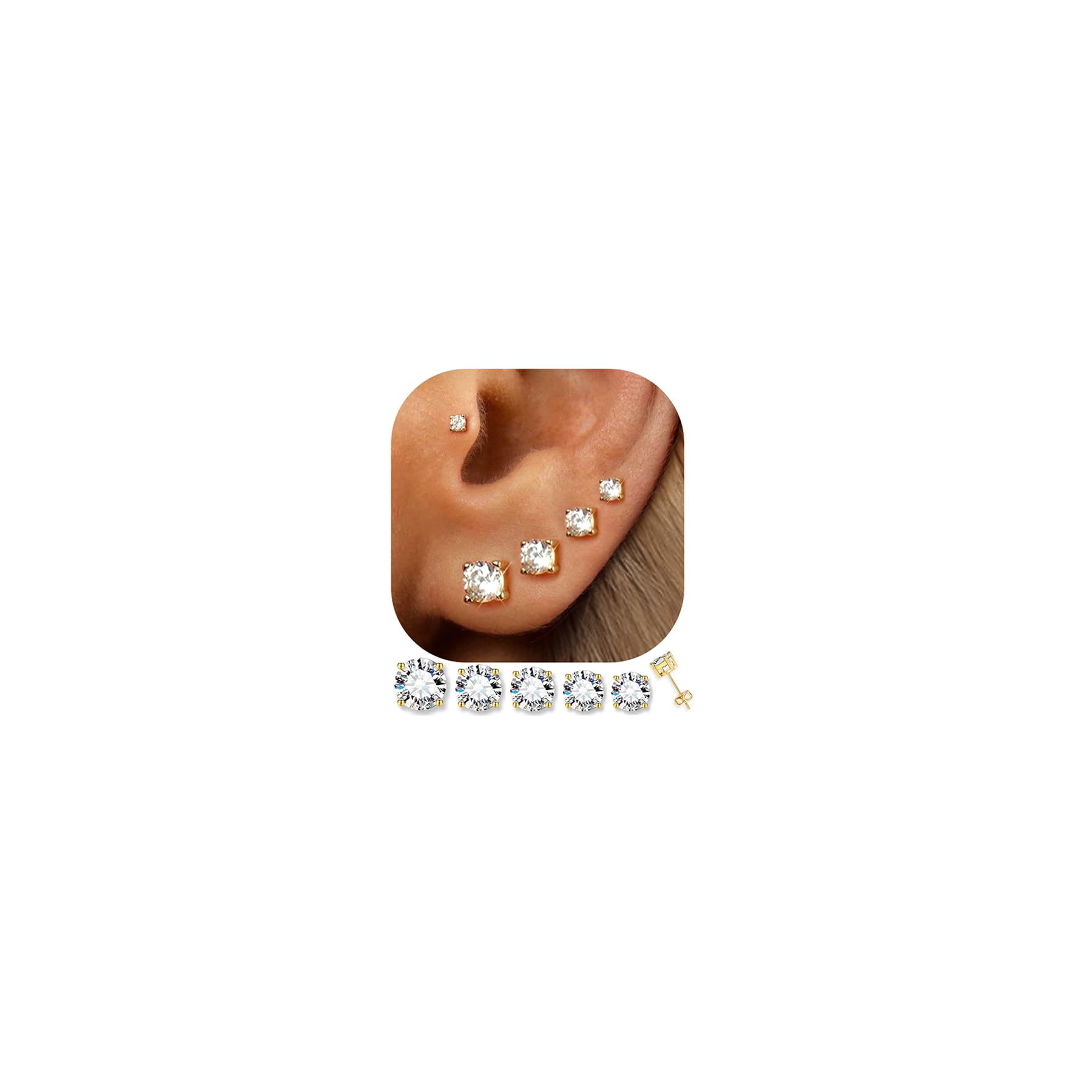 5 Pairs 14K Gold Plated Stud Earrings for Women Hypoallergenic Earring Sets for Multiple Piercing Premium Cubic Zirconia