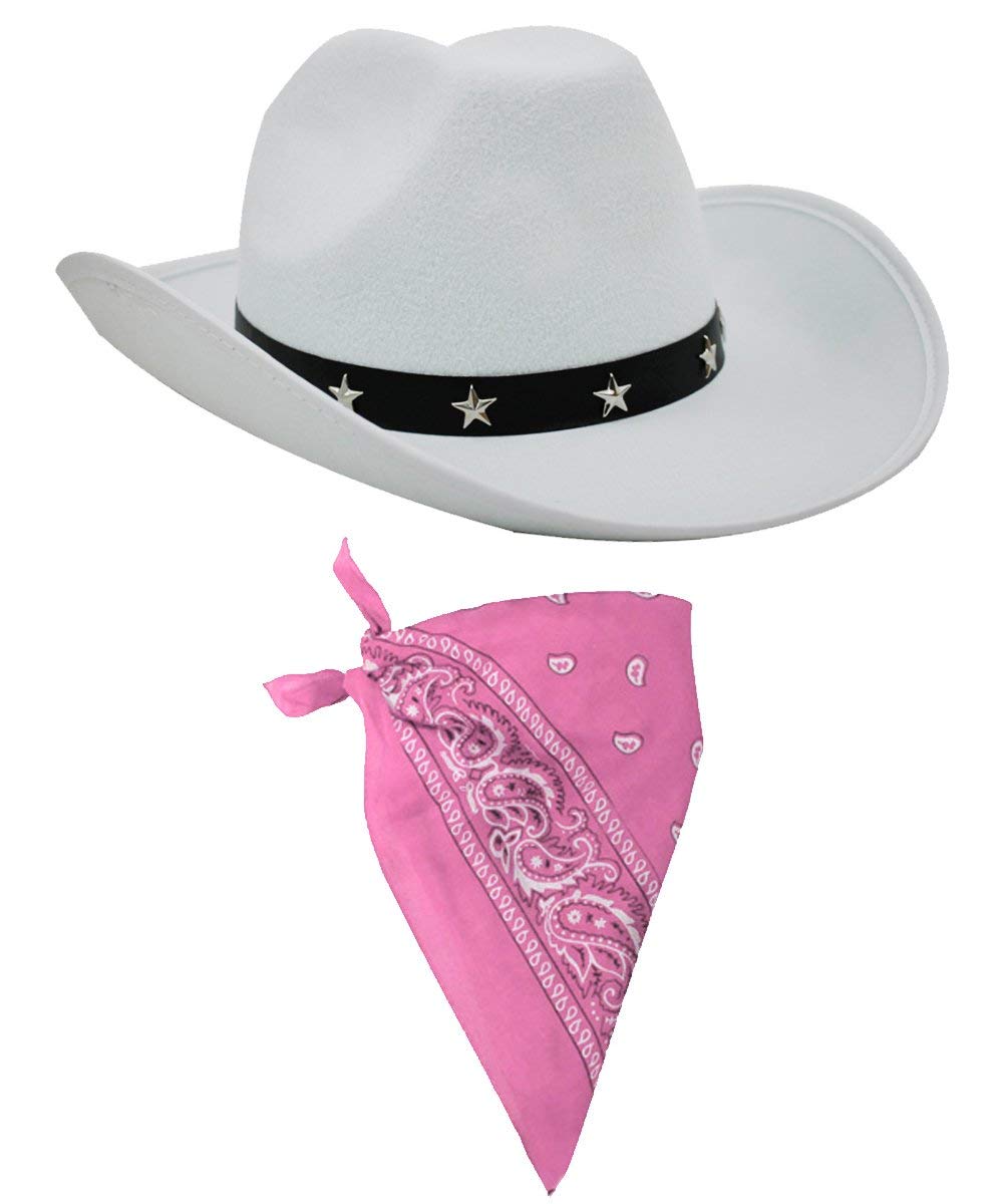 Cowboy Fancy Dress Accessory Set Costume White Cowboy Hat With Star Studded Band & Pink Paisley Bandana Wild West Western Sheriff Bandanna ** Please Be Aware Cowboy Hats May Have Marks on **