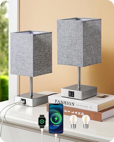 EDISHINE Lámpara de Noche LED Regulable Táctil 2 Lámparas de Mesa Modernas Lámpara 2 USB Puertos...