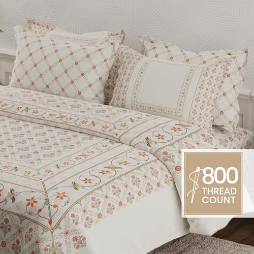 Image of BOUTIQUE LIVING Platinum Pulse 100% Cotton 800 TC White Digital Meenakari Print King Bedsheet with 4 Pillow Covers