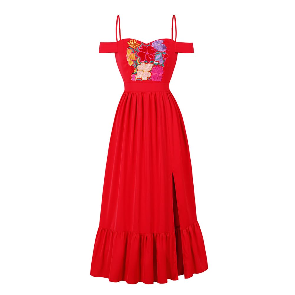 IDOPIP Robe Mexicaine Femme Traditionnelle, Folklorique Cinco de Mayo d'été Longue Épaules Dénudées Broderie Maxi Florale Volants Fente Maxi pour Festival Bohème Vacances Plage