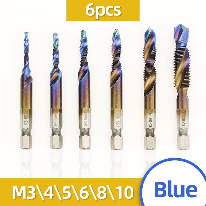 M3-M10 Screw Tap Drill Bits Hss Taps Countersink Deburr Set Metric Combination Bit High Speed Steel Compound Drill Bit(Blue 6pcs Set Long)