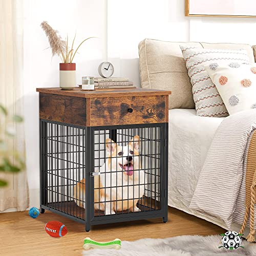 Cuisinsmart Wooden Furniture Style Dog Crate End Table With Drawer, Wood Pet Kennels Side Table Bed Nightstand, Dog House Indoor Use, Chew-Proof, Easy Installation Rustic Brown #TOP5