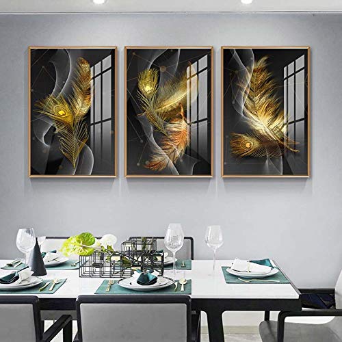 Impression abstraite nordique sur toile haute définition lot de 3 tableaux plumes 50x70