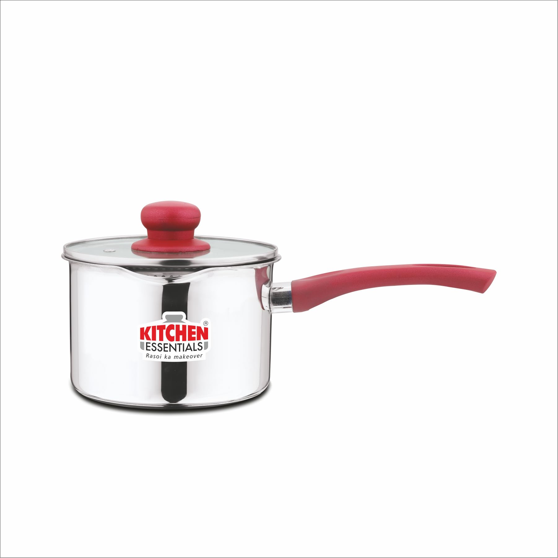 Kitchen Essentials Stainless Steel 16 cm Deep Sauce Pan Both Side Spout with Strainer Glass Lid