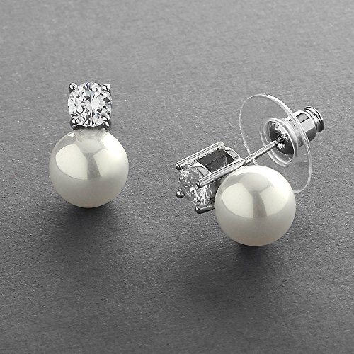 Mariell White Pearl Bridal Earrings with Cubic Zirconia Crystal Top, 9mm White Pearl Stud Earring, Perfect for Brides, Bridesmaids, Wedding Party and Everyday Wear3