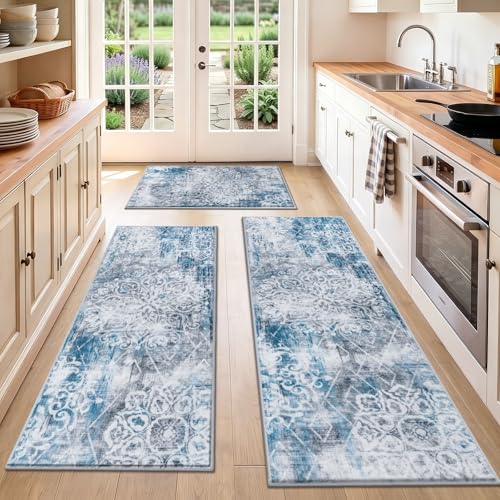 HEBE Boho Kitchen Rugs Set of 3, Non Slip Washable Kitchen Mats for Floor | Vintage Distressed Kitchen Runner Rug Set, Stain Resistant Farmhouse Floor Carpet for Entryway,Bathroom,Laundry,Bl