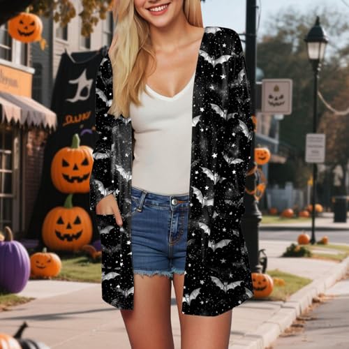 Halloween Cardigan for Women 2025 Pumpkin Print Tunic Shirt Spooky Season Lightweight Long Sleeve Cardigans2