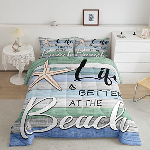 Beach Theme Comforter,Cute Starfish Bedding Sea Ocean Themed Bedding Sets & Collections Coastal Sealife Down Comforter Queen Size,Vintage Rustic Farmhouse Decor Colorful Striped Bedroom Decor 3Pcs